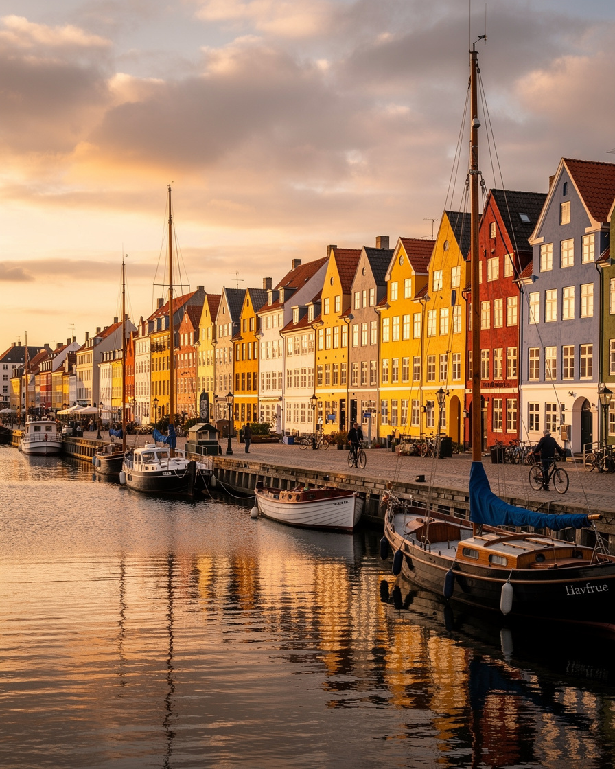 Colorful harbor houses in a Danish town at dusk