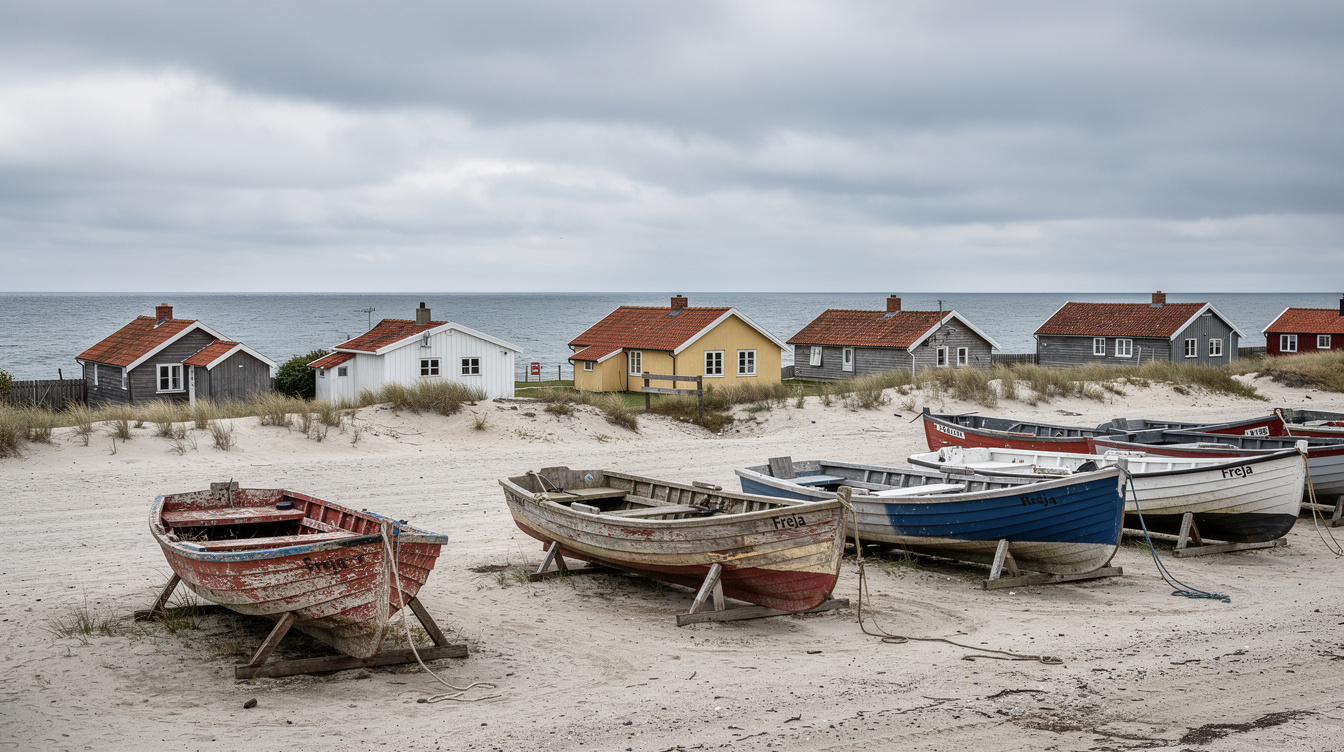 Small Danish fishing village with wooden boats on the shore